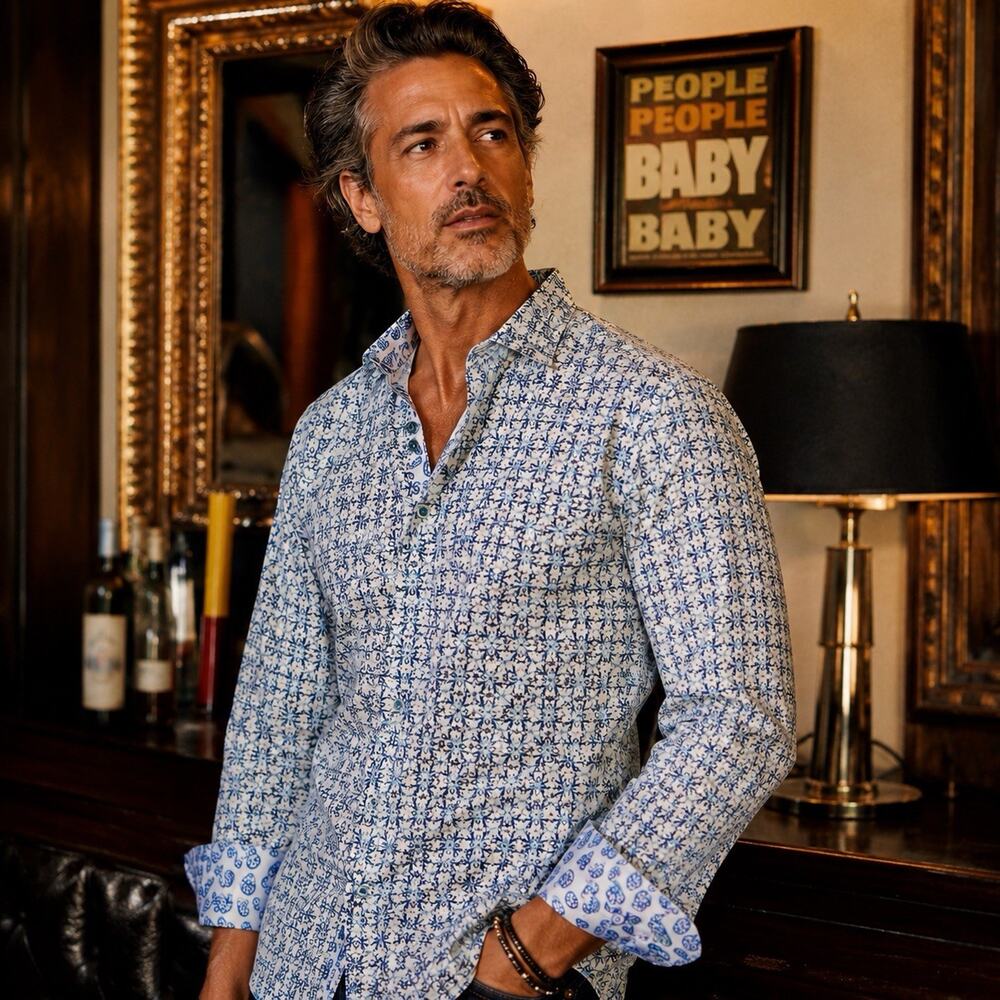 Robert Graham Classic Fit Large Blue Floral Paisley Button Front Shirt Preppy